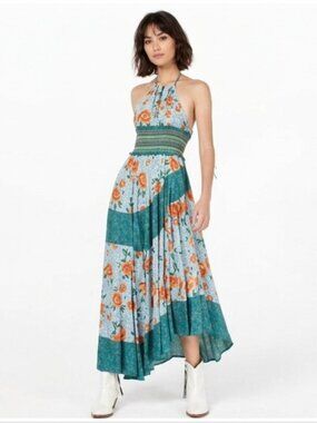 NWT Free People Pleated Halter Sundress in Blue and Orange Midi Dress